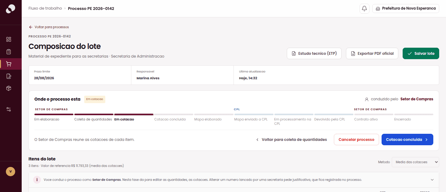 Tela do Prisma mostrando a trilha de fases de um processo de compra